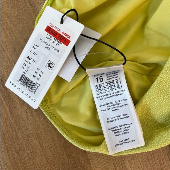 Jets Australia Tie Front Plunge Chartreuse Swimsuit Size USA 12 Fully Lined NWT - Picture 5 of 8